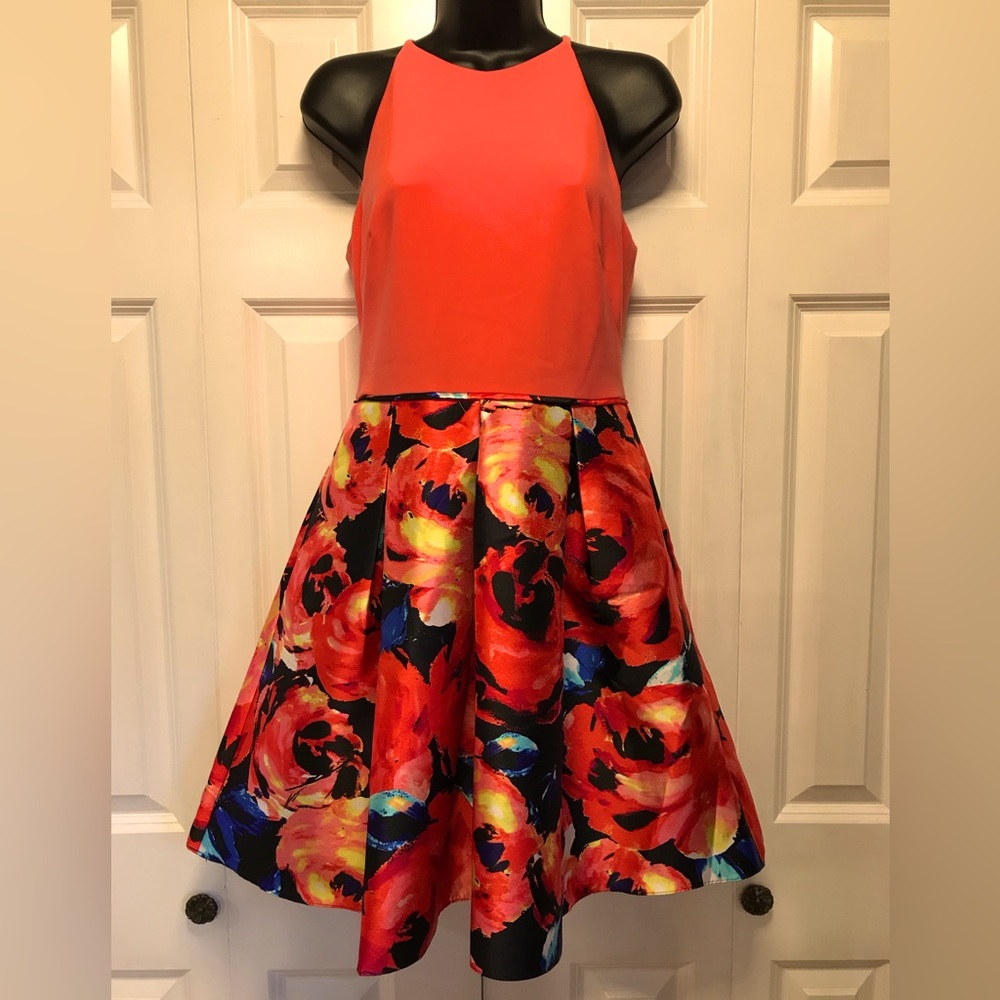 Adrianna Papell Coral Halter Jersy Floral Print Mikado Dress ( Size 4)